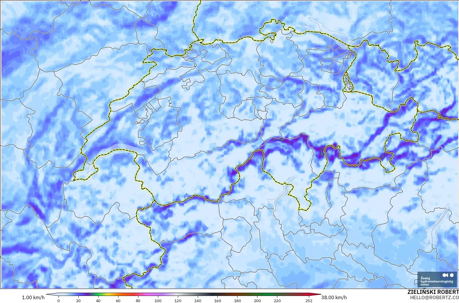 ALADIN CZ 2.3 km model - Switzerland, Wind Gusts