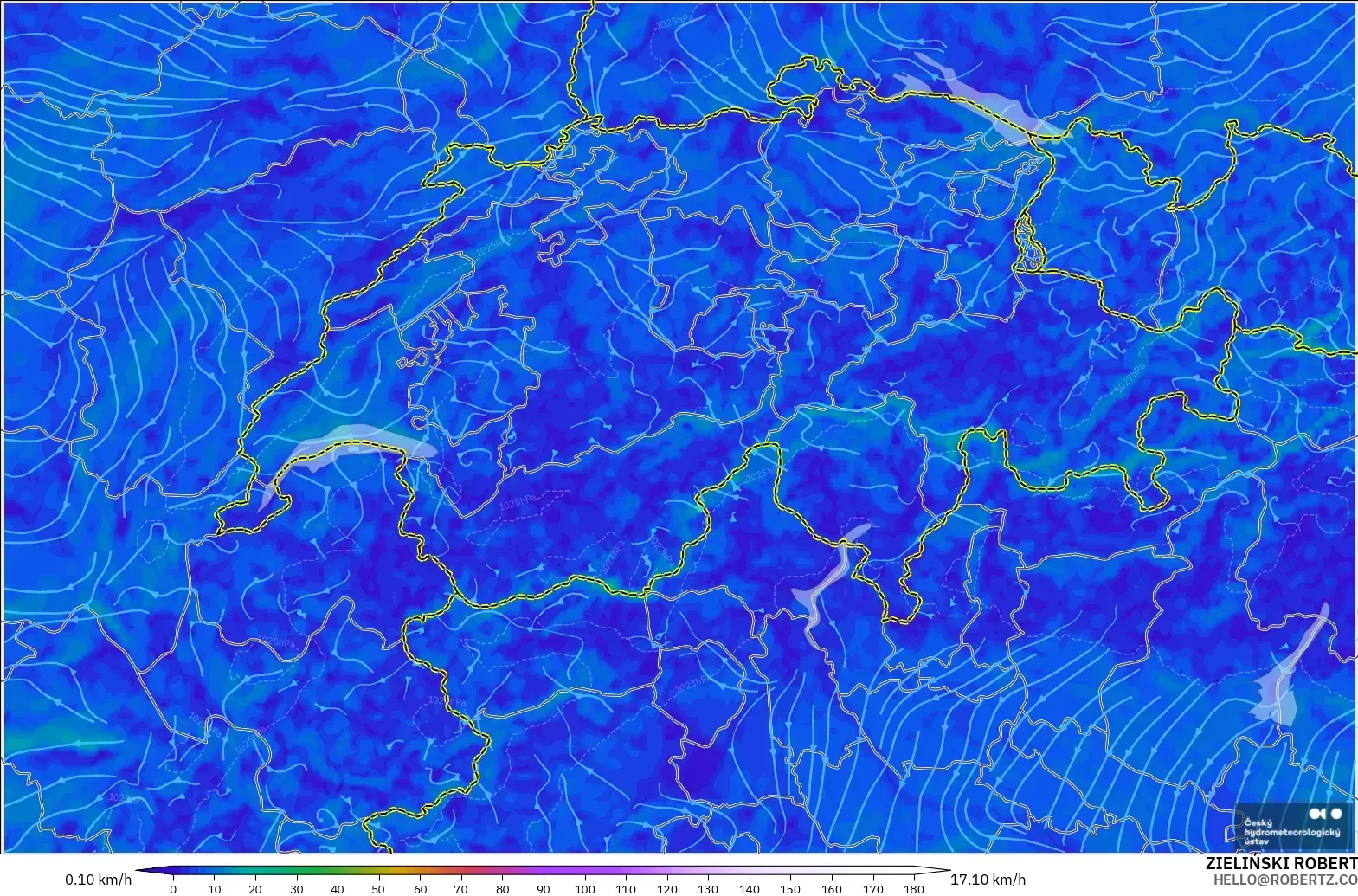 ALADIN CZ 2.3 km model - Switzerland, Wind at 10m