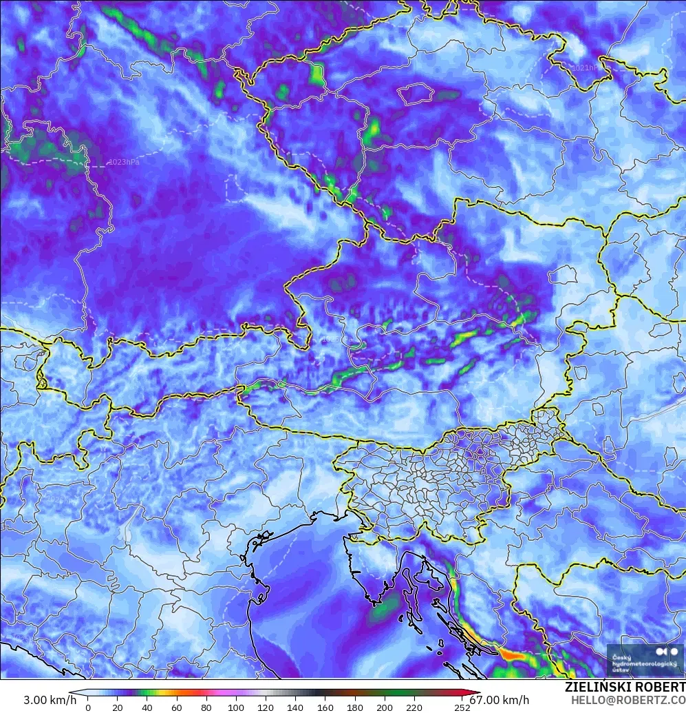 ALADIN CZ 2.3 km model - Austria, Wind Gusts Peak