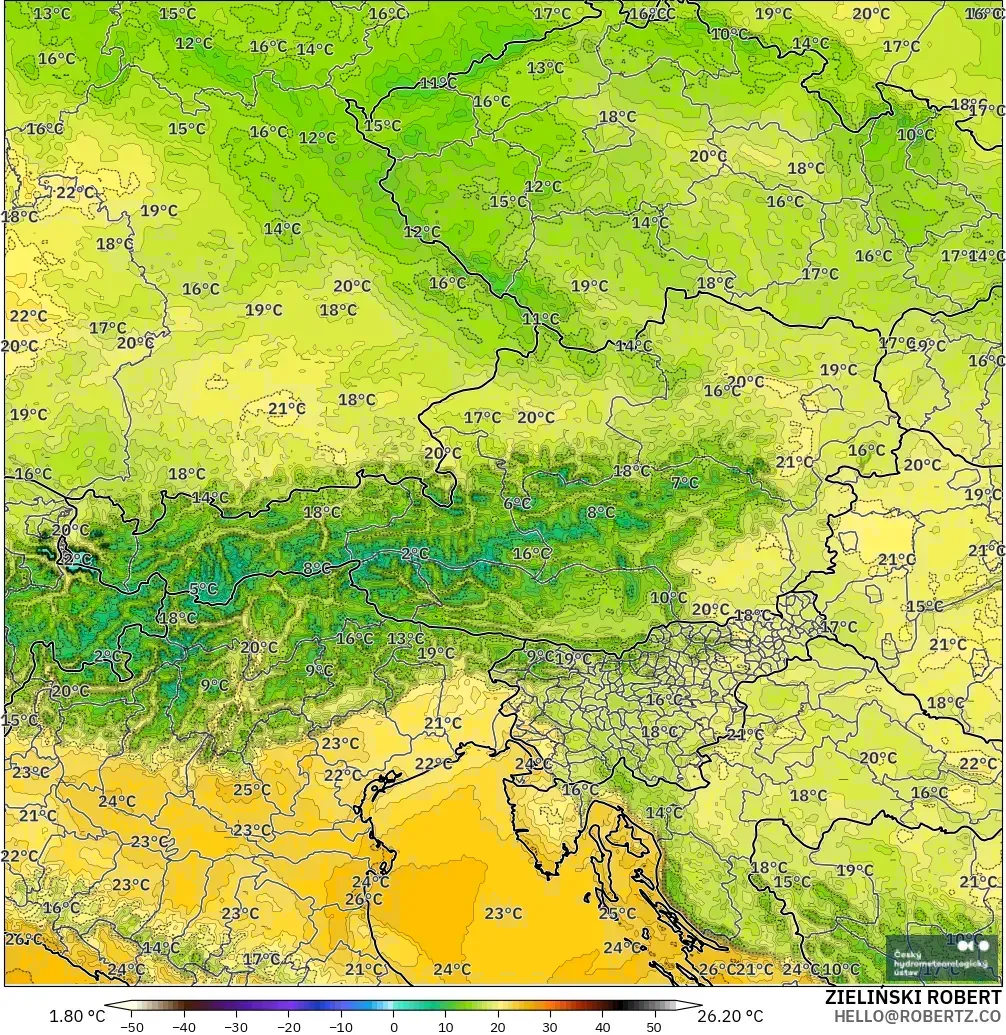 ALADIN CZ 2.3 km model - Austria, Temperature at 2m