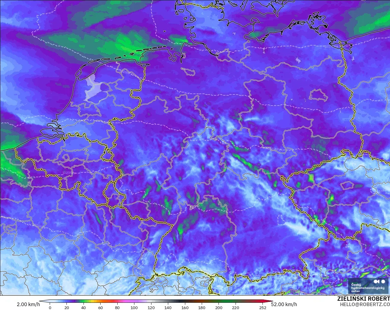 ALADIN CZ 2.3 km model - Germany, Wind Gusts Peak