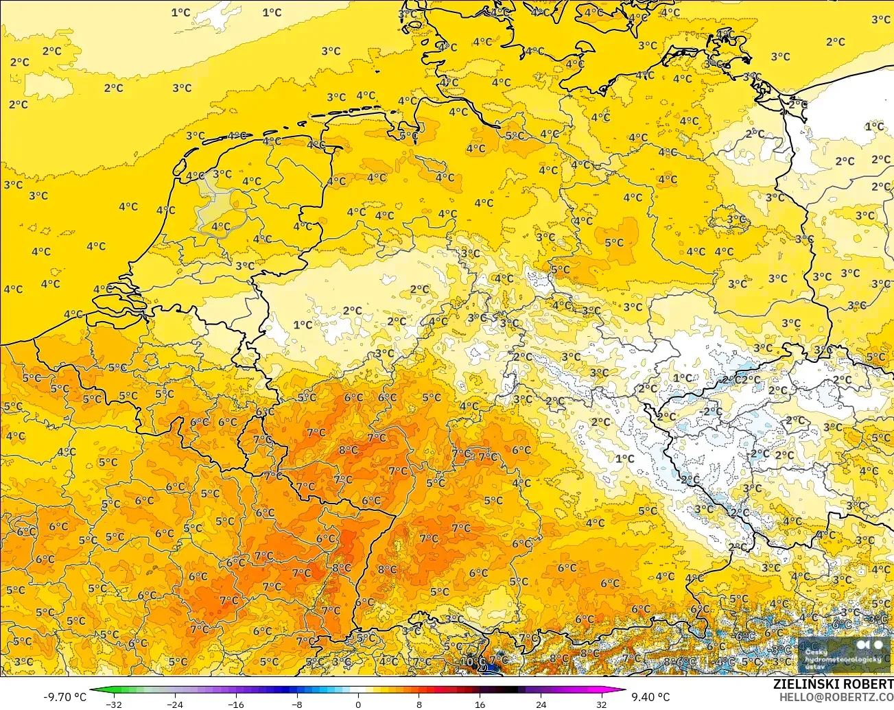 ALADIN CZ 2.3 km model - Germany, Temperature at 2m Anomaly