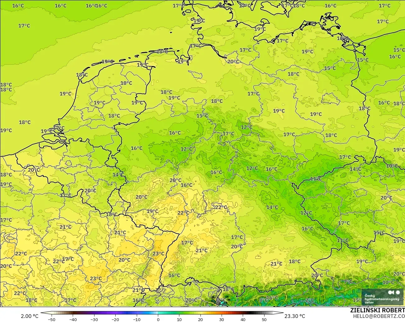 ALADIN CZ 2.3 km model - Germany, Temperature at 2m