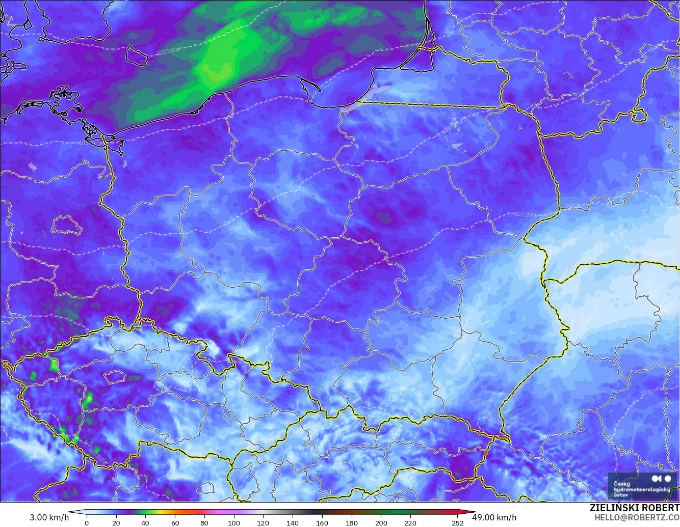ALADIN CZ 2.3 km model - Poland, Wind Gusts Peak
