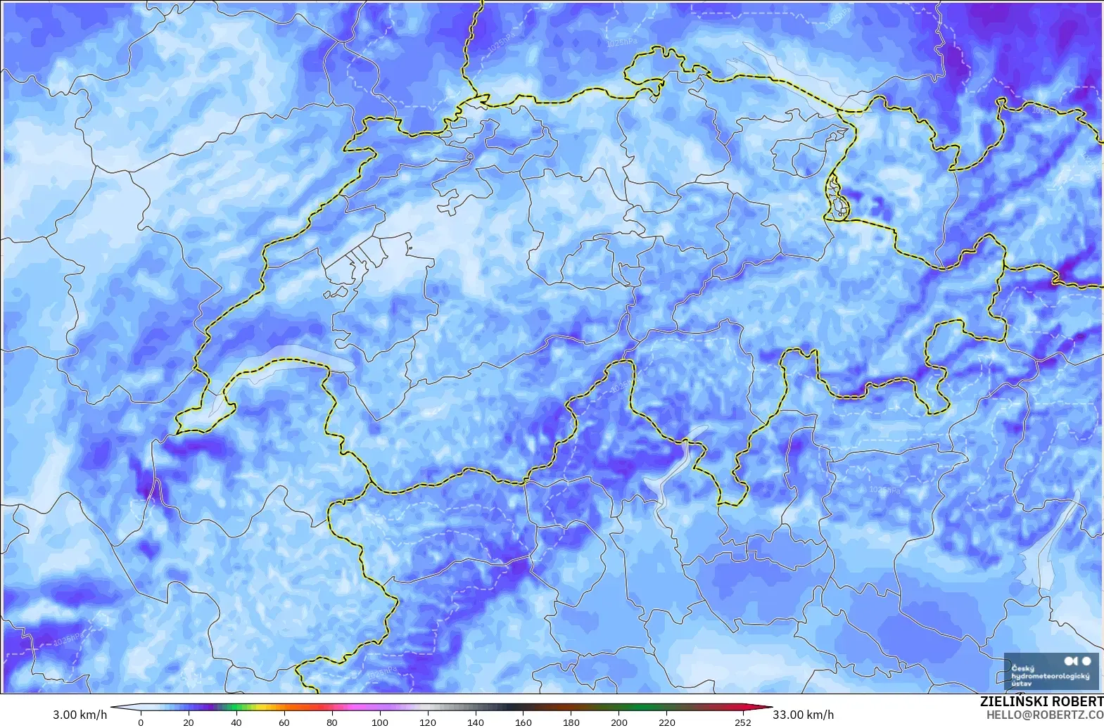 ALADIN CZ 2.3 km model - Switzerland, Wind Gusts Peak