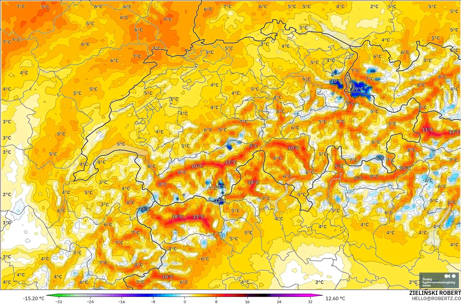 ALADIN CZ 2.3 km model - Switzerland, Temperature at 2m Anomaly
