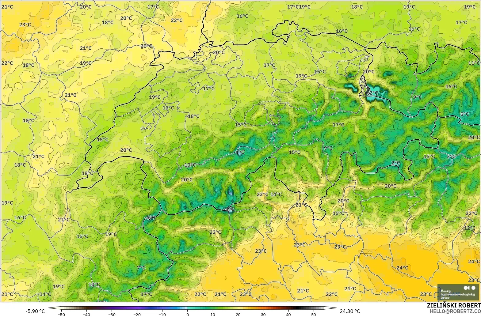 ALADIN CZ 2.3 km model - Switzerland, Temperature at 2m