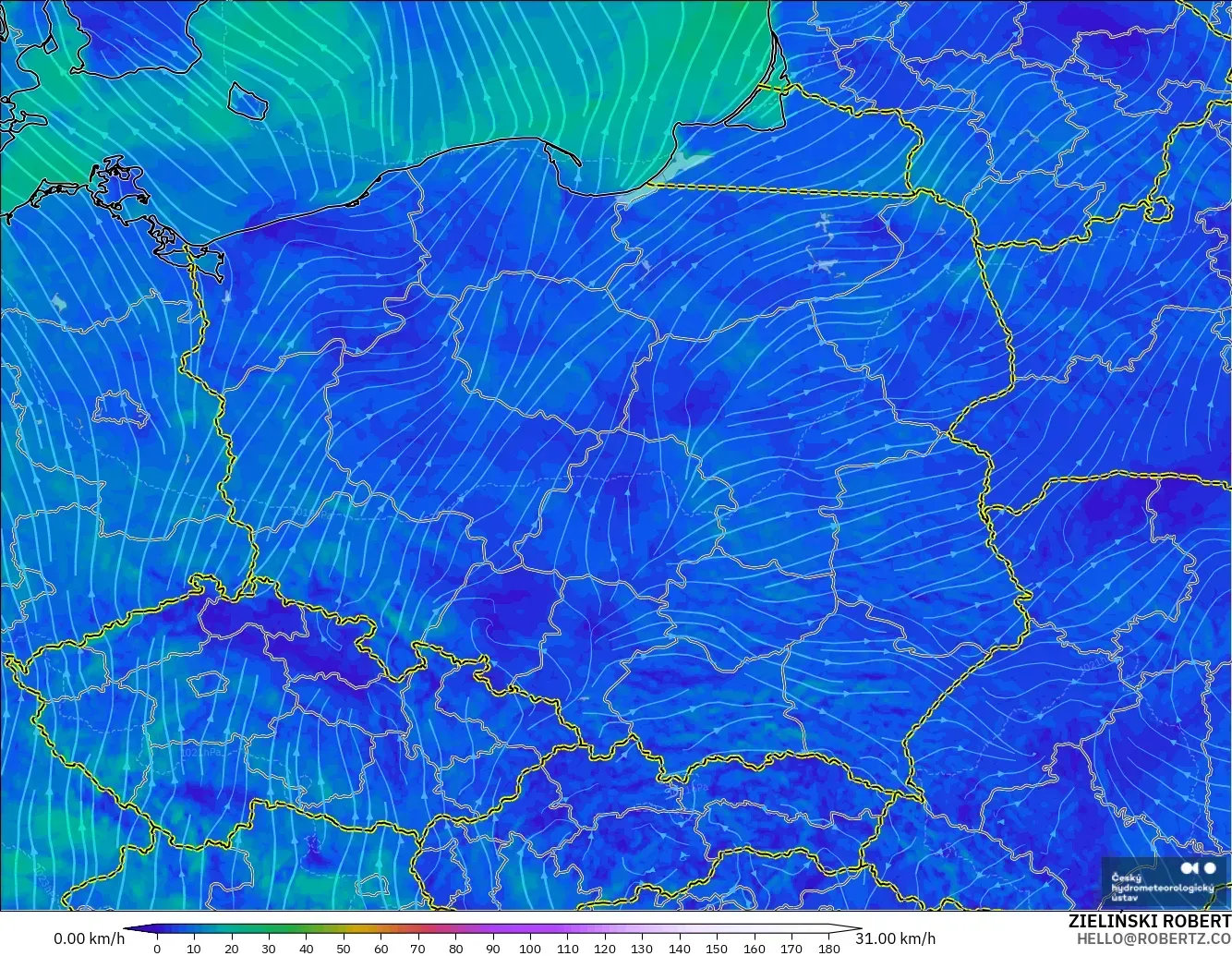 ALADIN CZ 2.3 km model - Poland, Wind at 10m