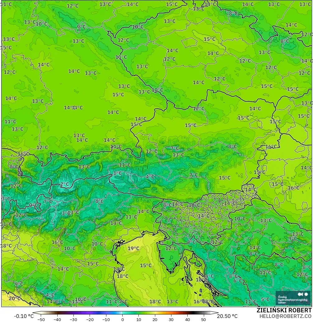 ALADIN CZ 2.3 km model - Austria, Dewpoint at 2m