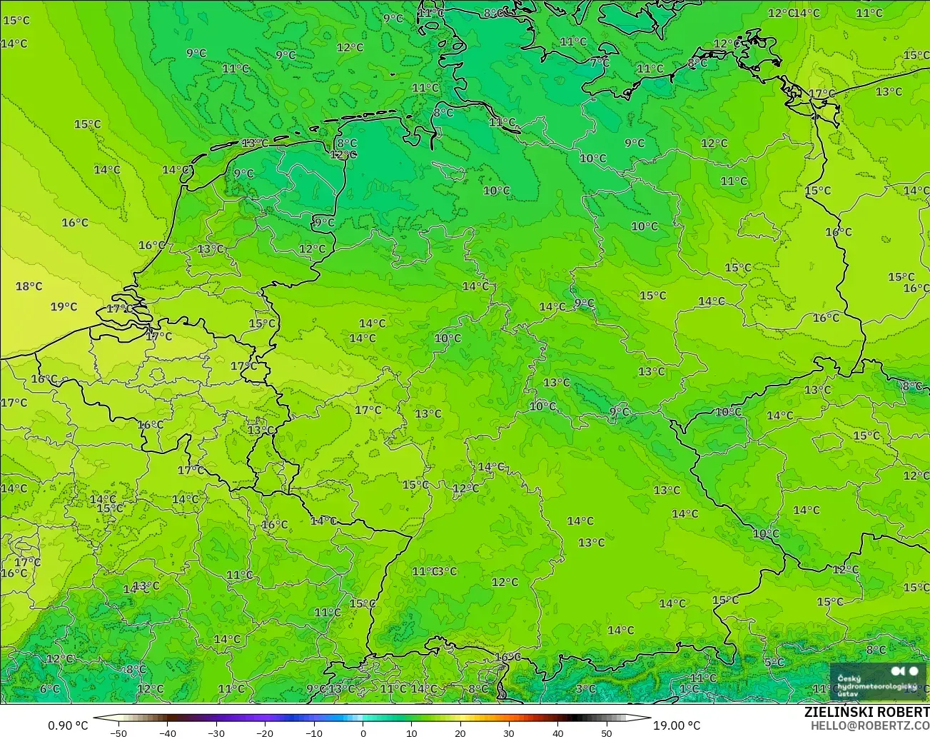 ALADIN CZ 2.3 km model - Germany, Dewpoint at 2m