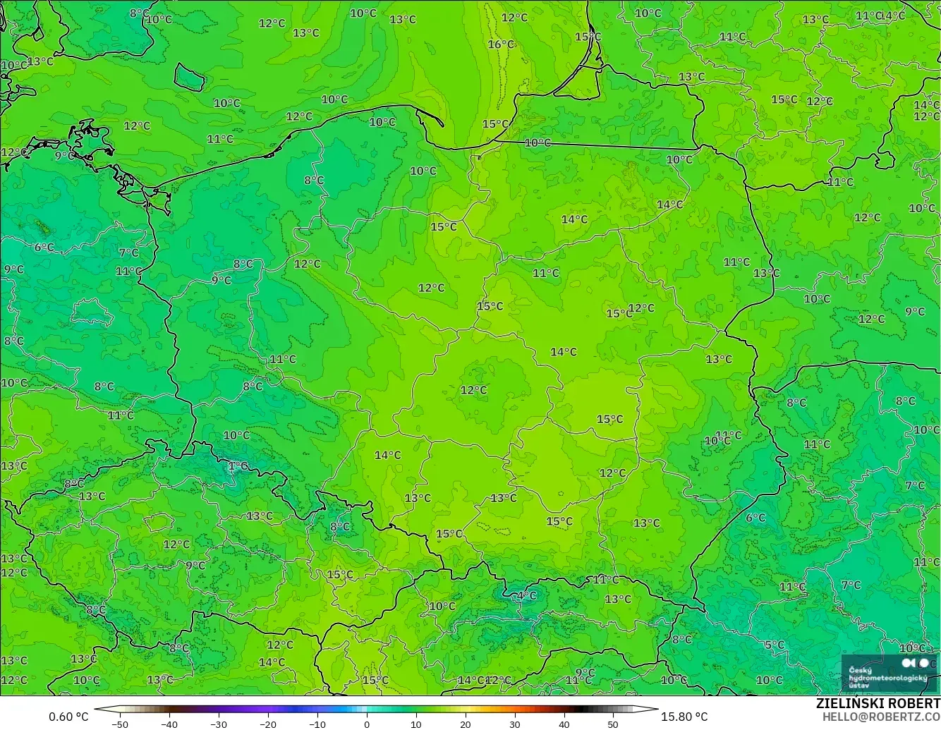 ALADIN CZ 2.3 km model - Poland, Dewpoint at 2m