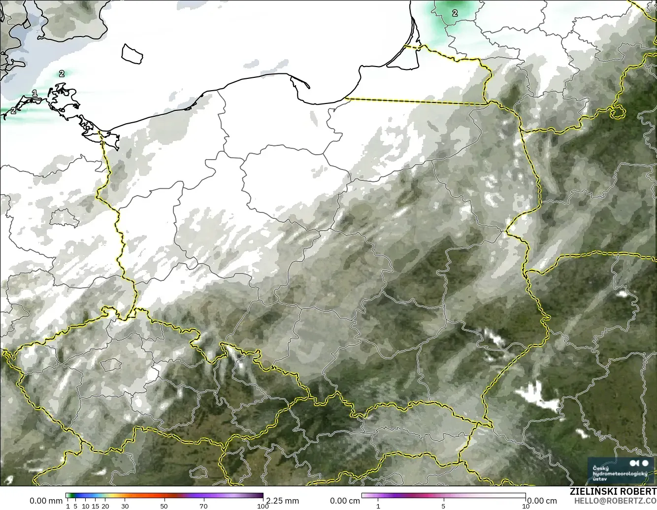 ALADIN CZ 2.3 km model - Poland, Precipitation, Clouds, and Pressure