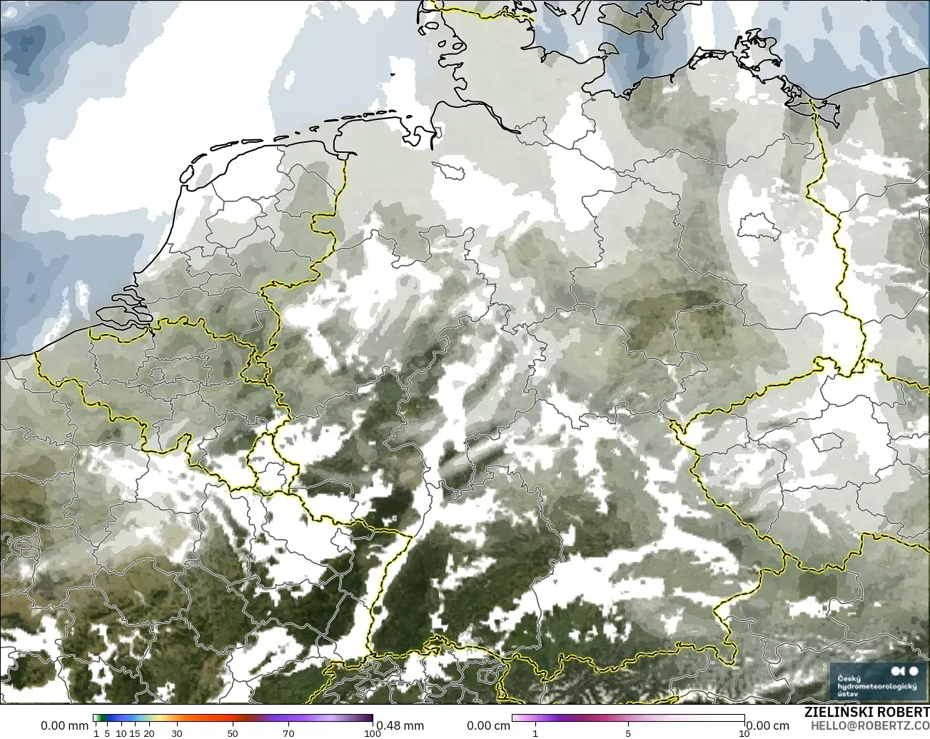 ALADIN CZ 2.3 km model - Germany, Precipitation, Clouds, and Pressure