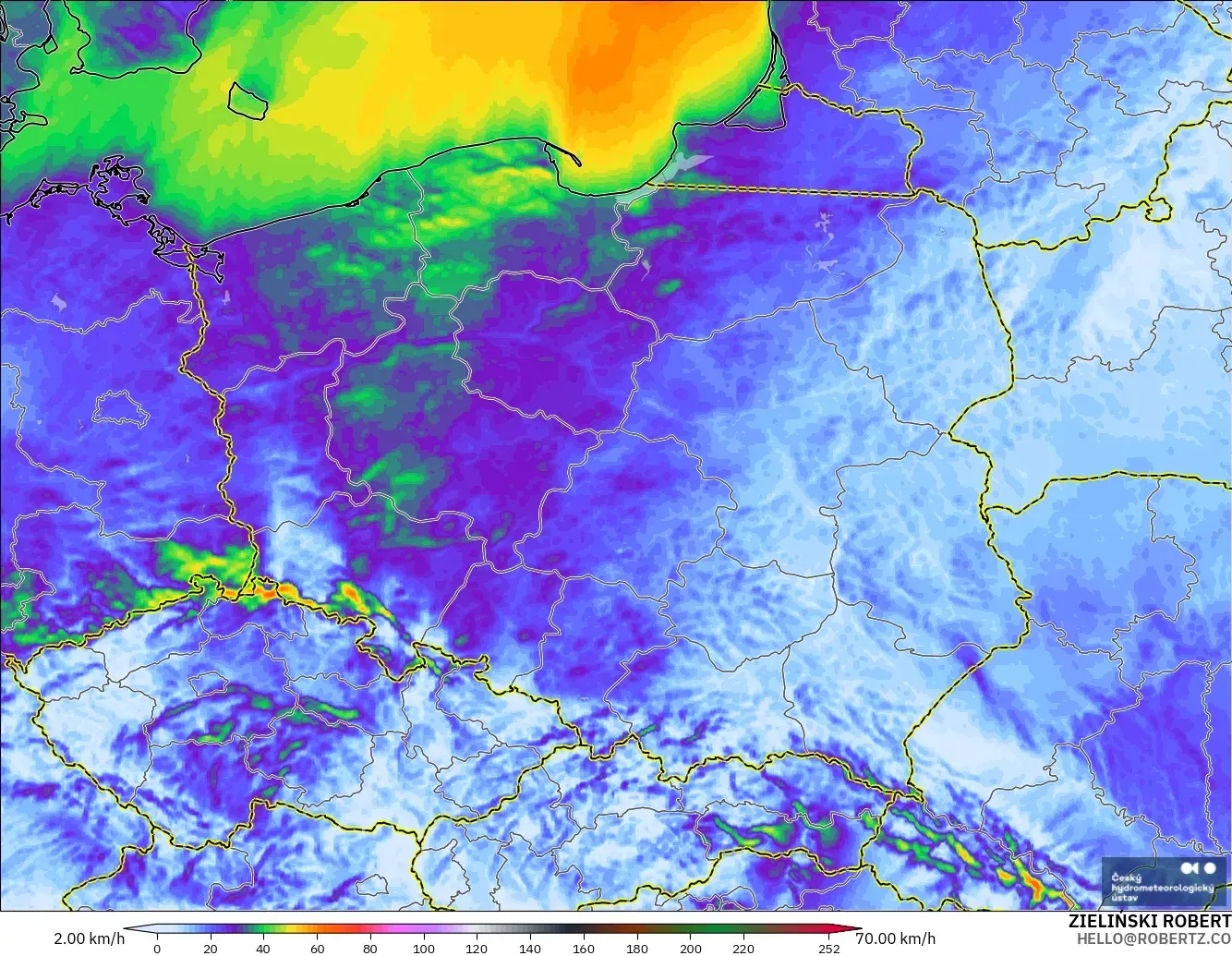 ALADIN CZ 2.3 km model - Poland, Wind Gusts