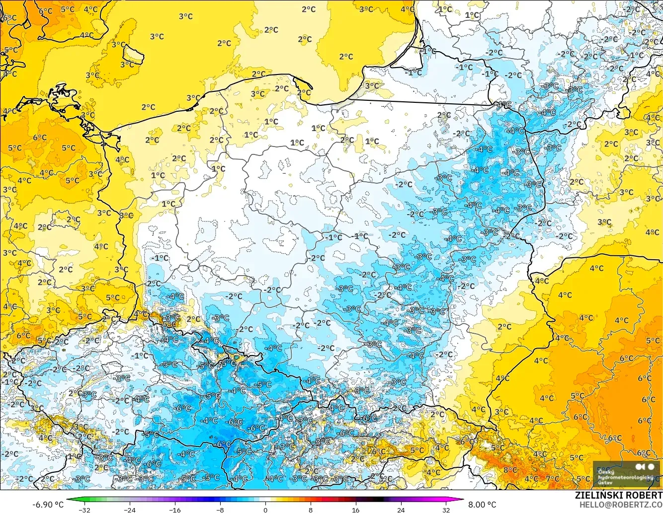 ALADIN CZ 2.3 km model - Poland, Temperature at 2m Anomaly