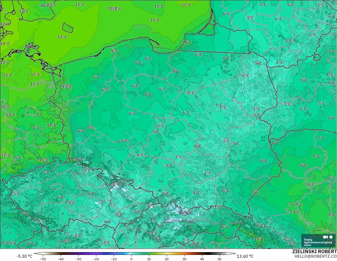 ALADIN CZ 2.3 km model - Poland, Temperature at 2m