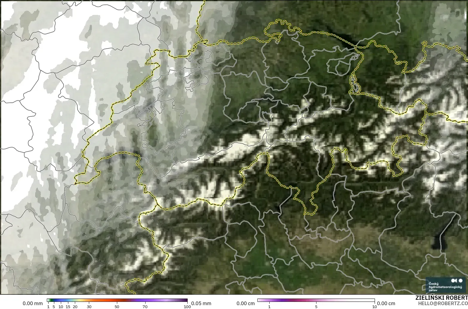 ALADIN CZ 2.3 km model - Switzerland, Precipitation, Clouds, and Pressure