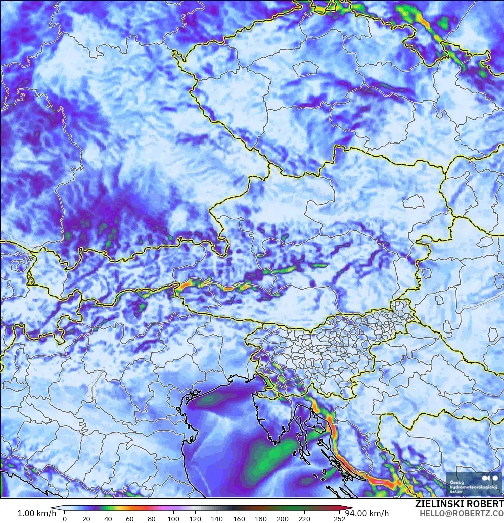 ALADIN CZ 2.3 km model - Austria, Wind Gusts