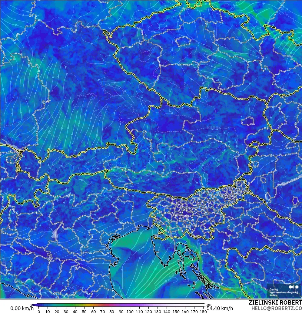 ALADIN CZ 2.3 km model - Austria, Wind at 10m