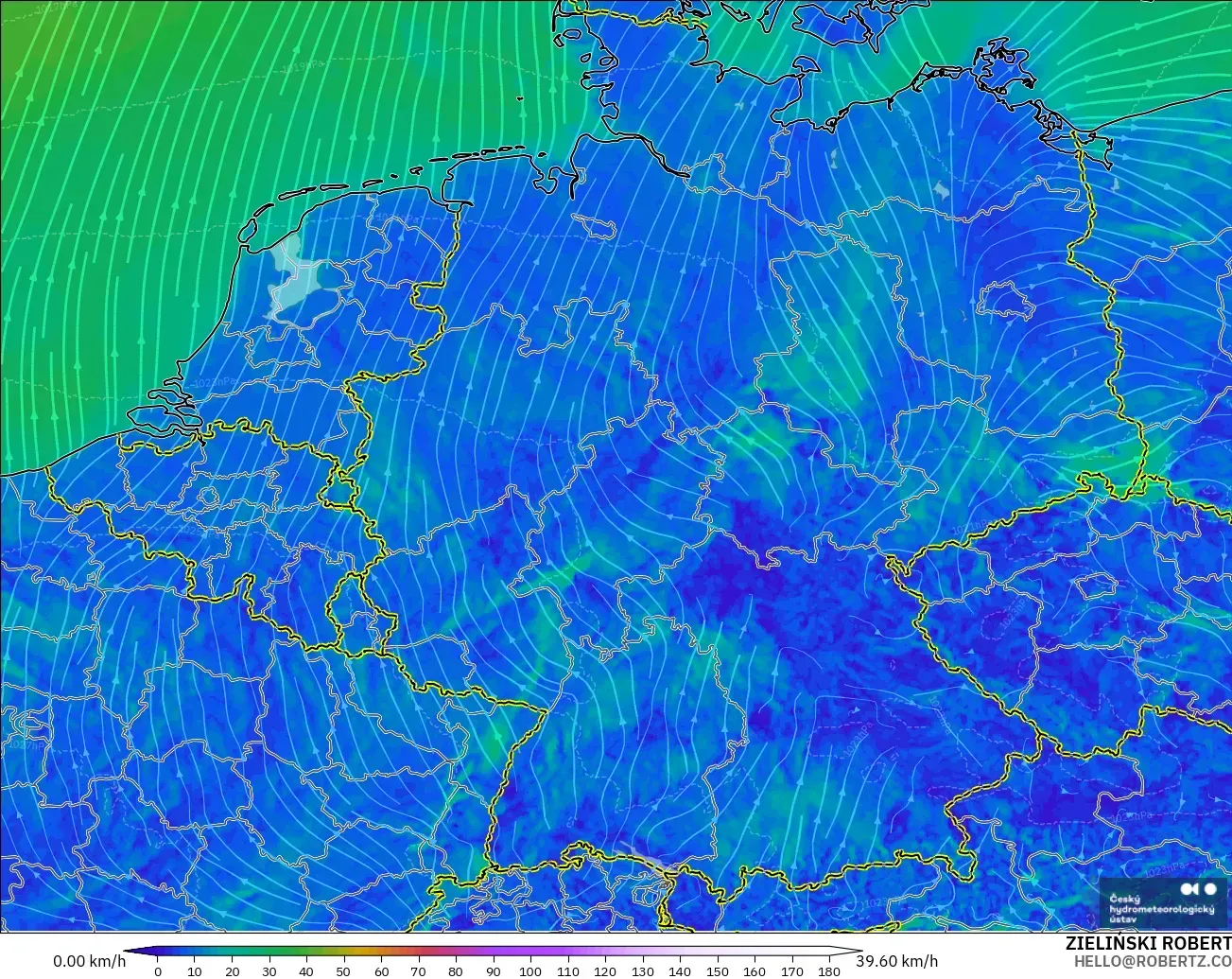 ALADIN CZ 2.3 km model - Germany, Wind at 10m