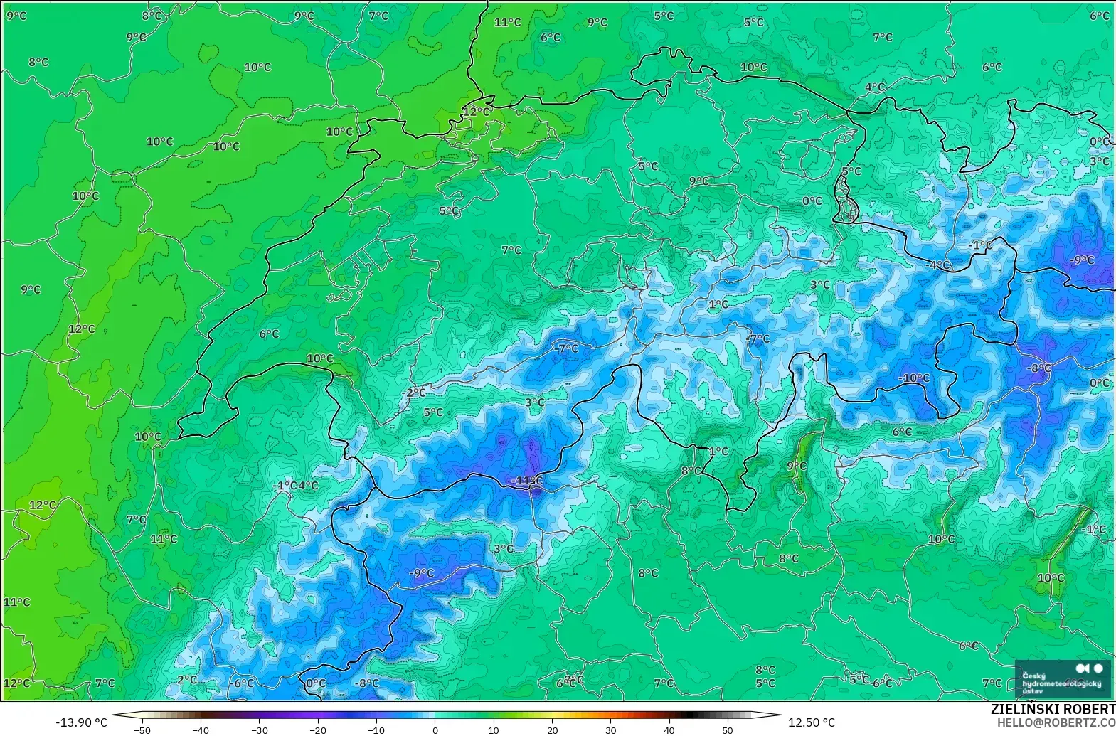 ALADIN CZ 2.3 km model - Switzerland, Dewpoint at 2m