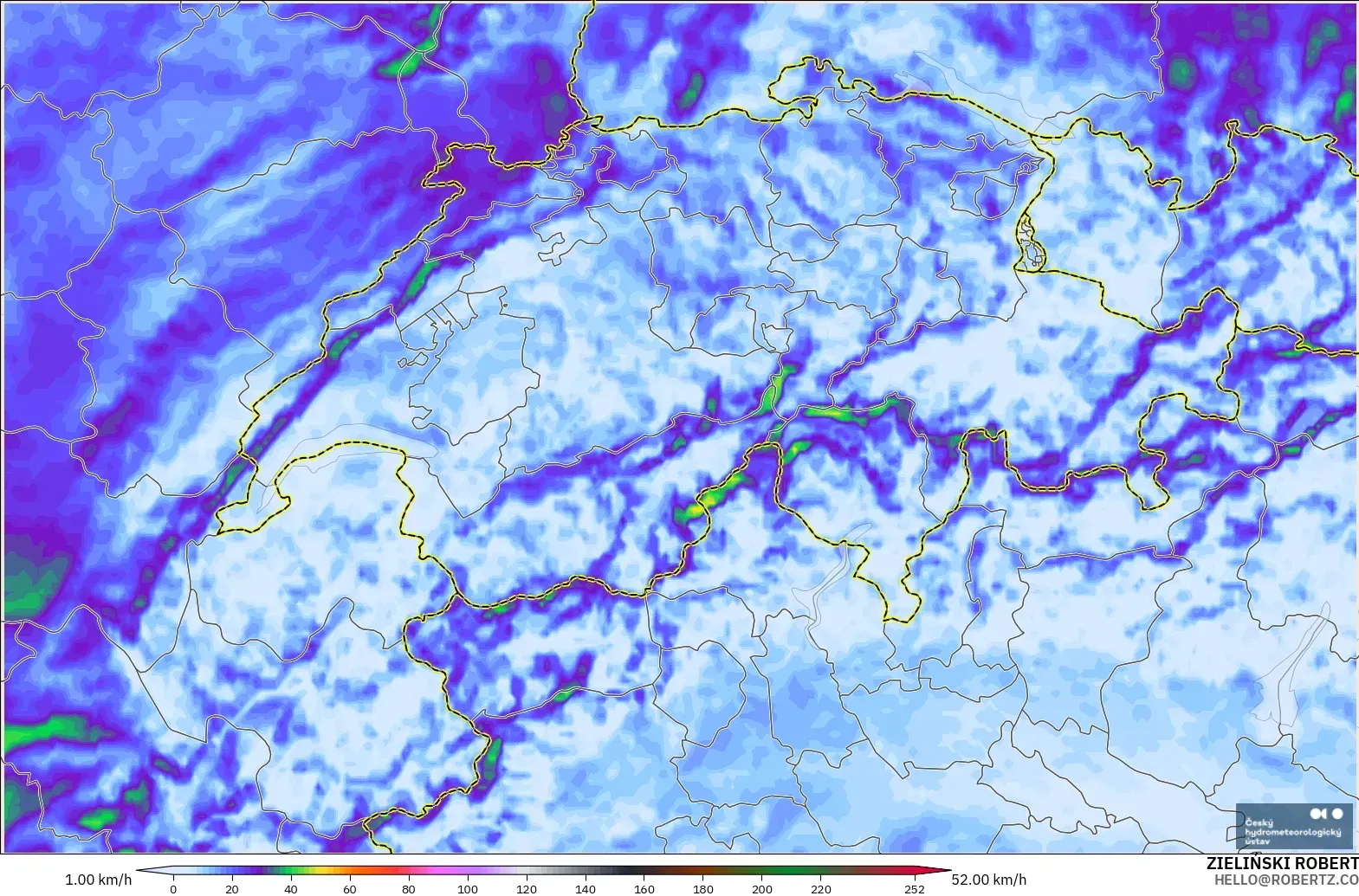 ALADIN CZ 2.3 km model - Switzerland, Wind Gusts