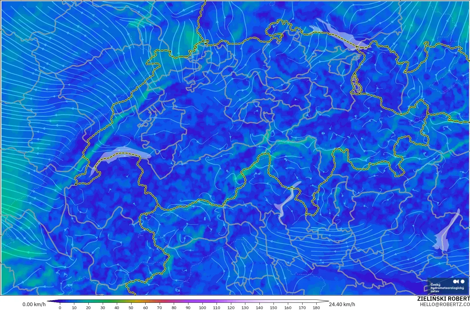 ALADIN CZ 2.3 km model - Switzerland, Wind at 10m