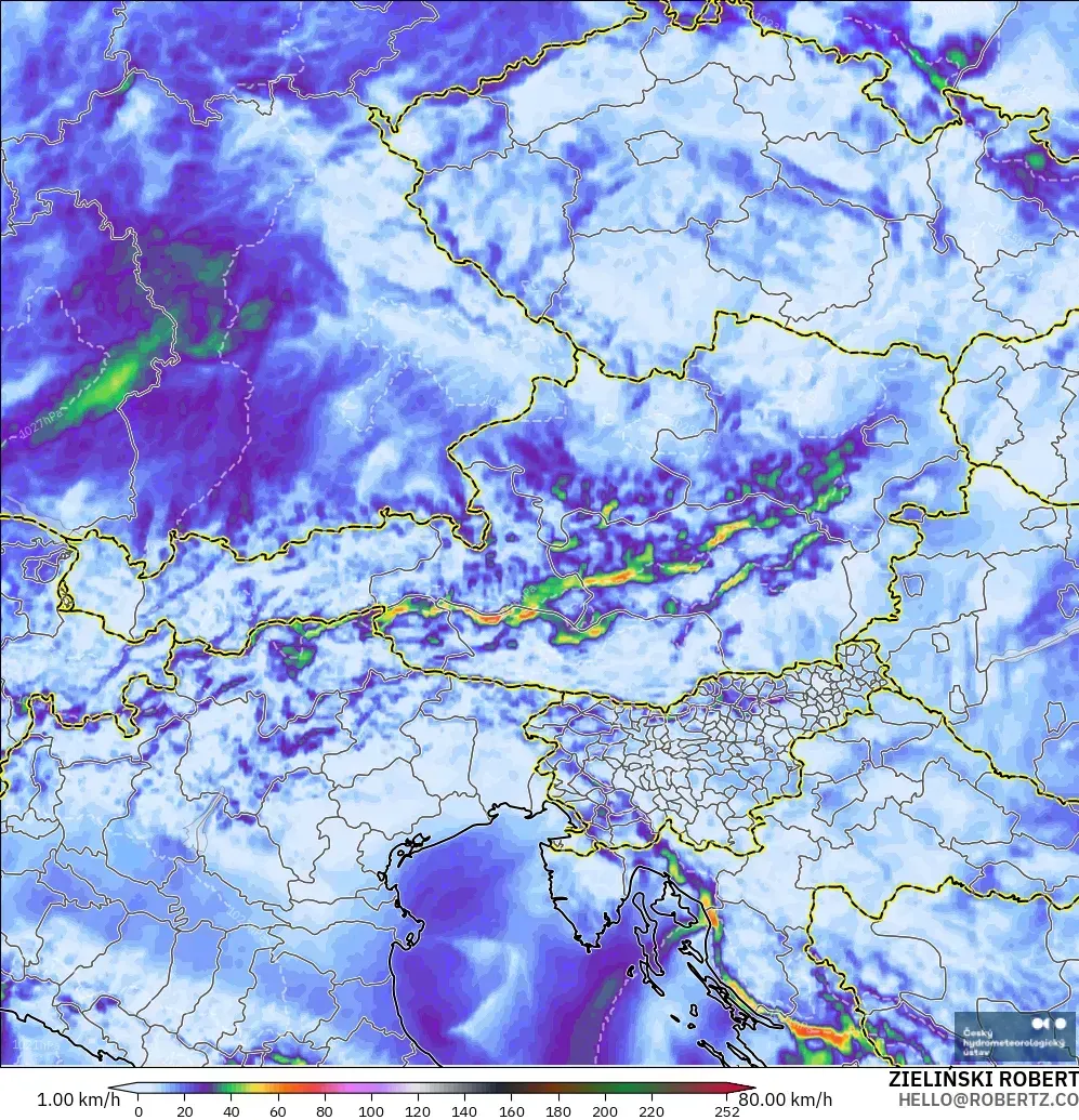 ALADIN CZ 2.3 km model - Austria, Wind Gusts Peak