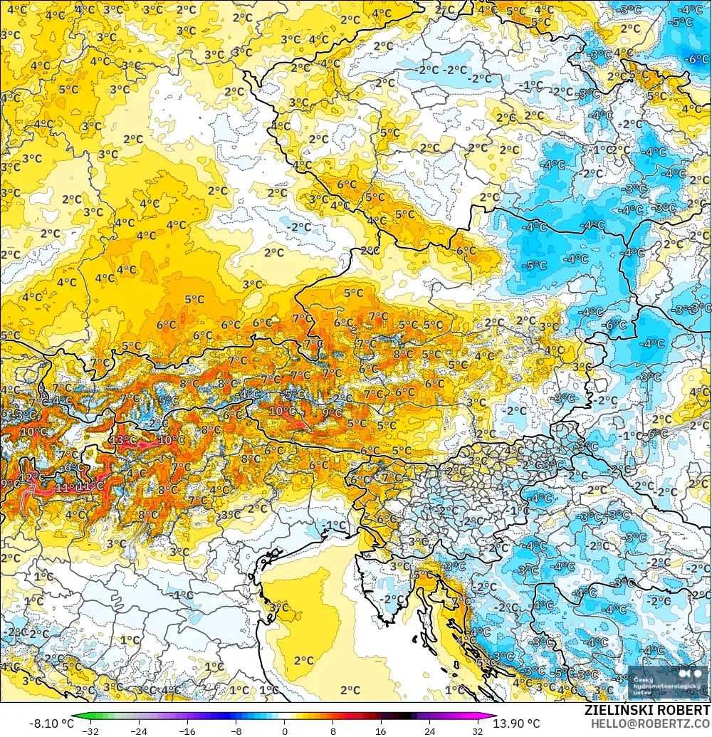 ALADIN CZ 2.3 km model - Austria, Temperature at 2m Anomaly