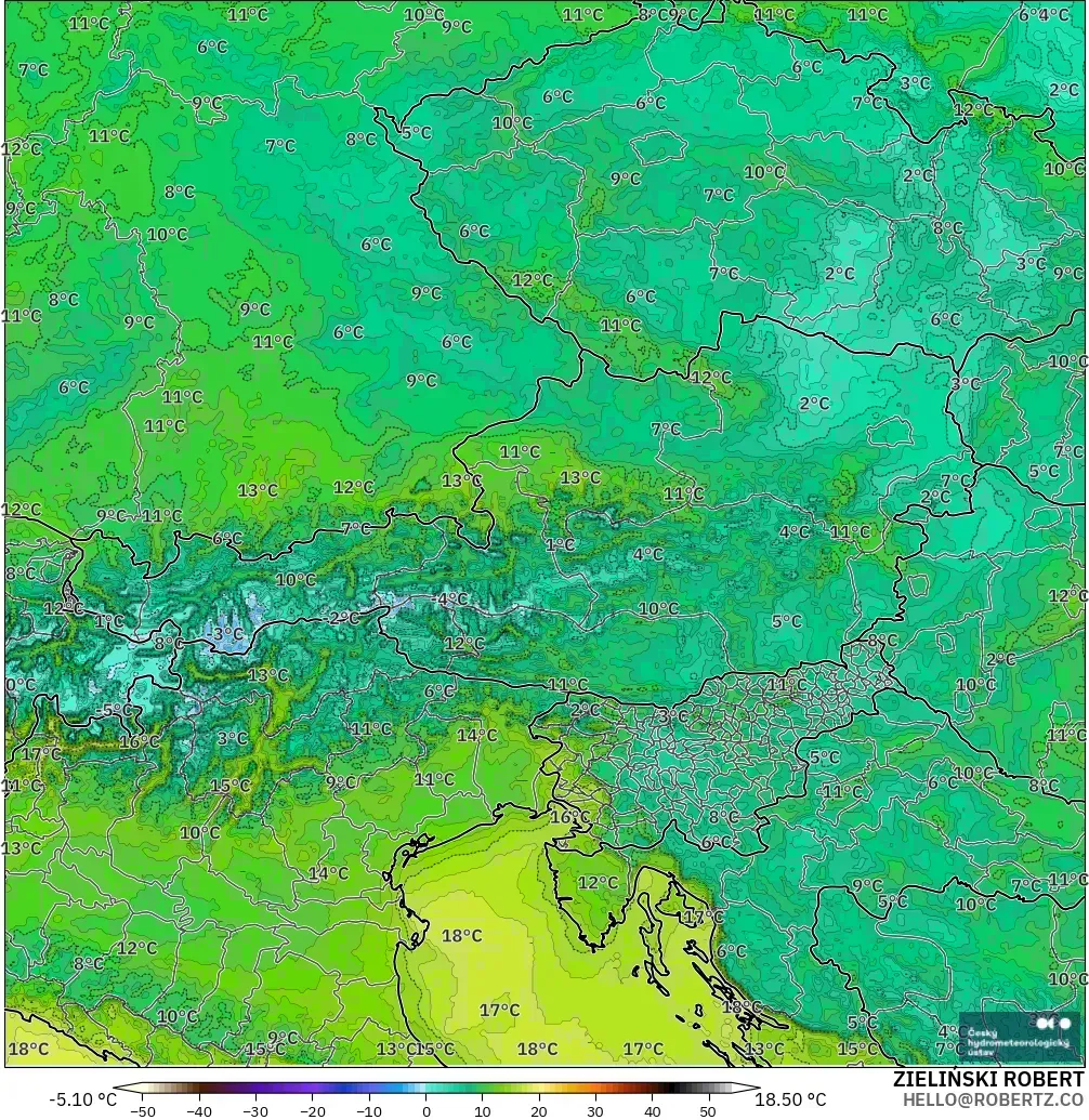 ALADIN CZ 2.3 km model - Austria, Temperature at 2m