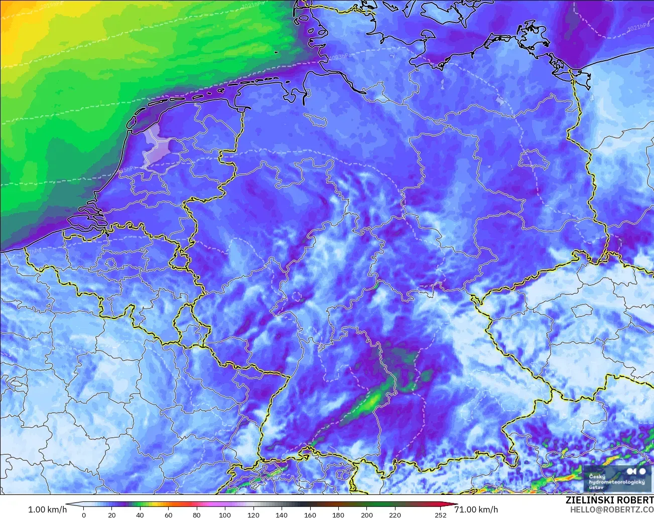 ALADIN CZ 2.3 km model - Germany, Wind Gusts Peak