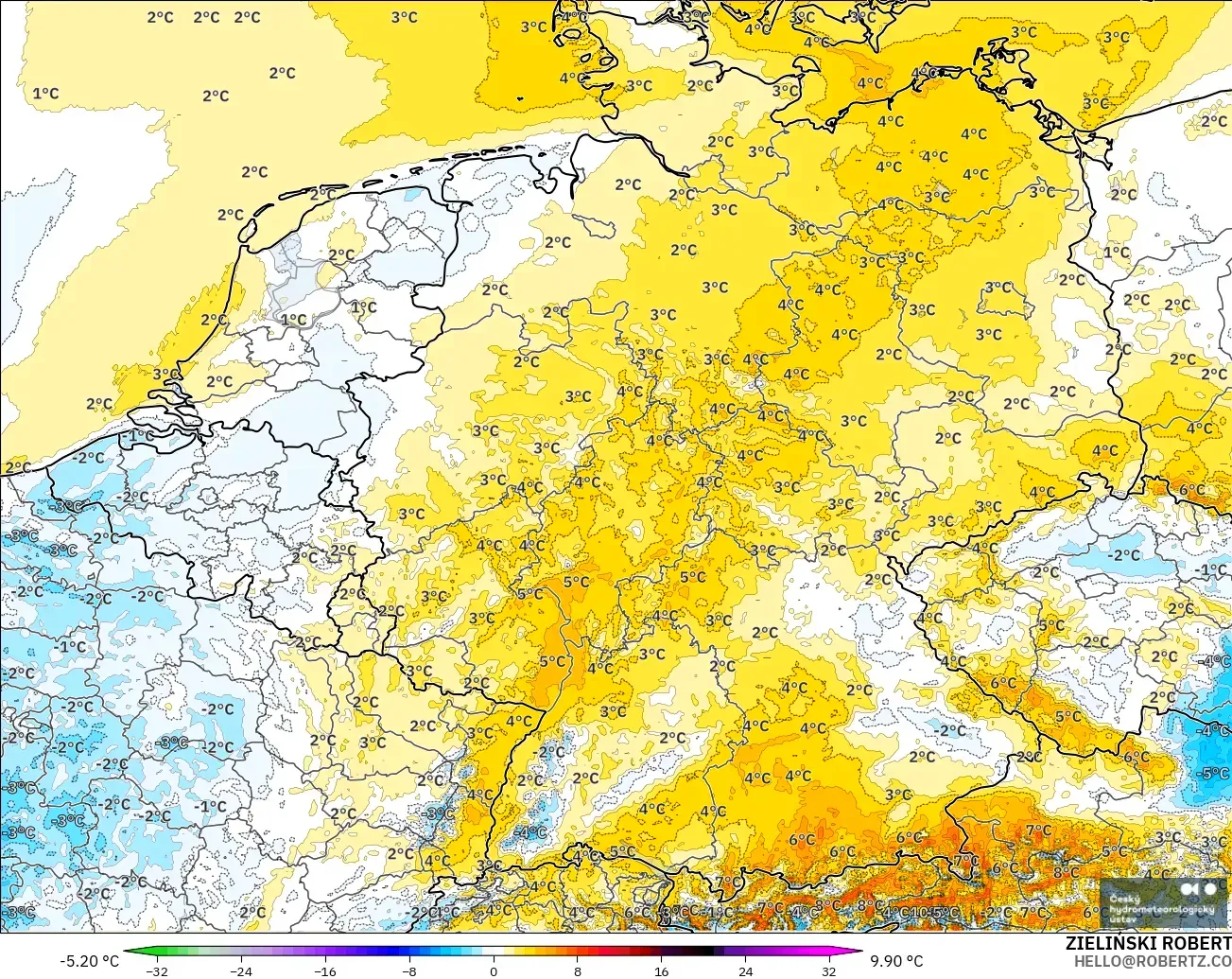 ALADIN CZ 2.3 km model - Germany, Temperature at 2m Anomaly