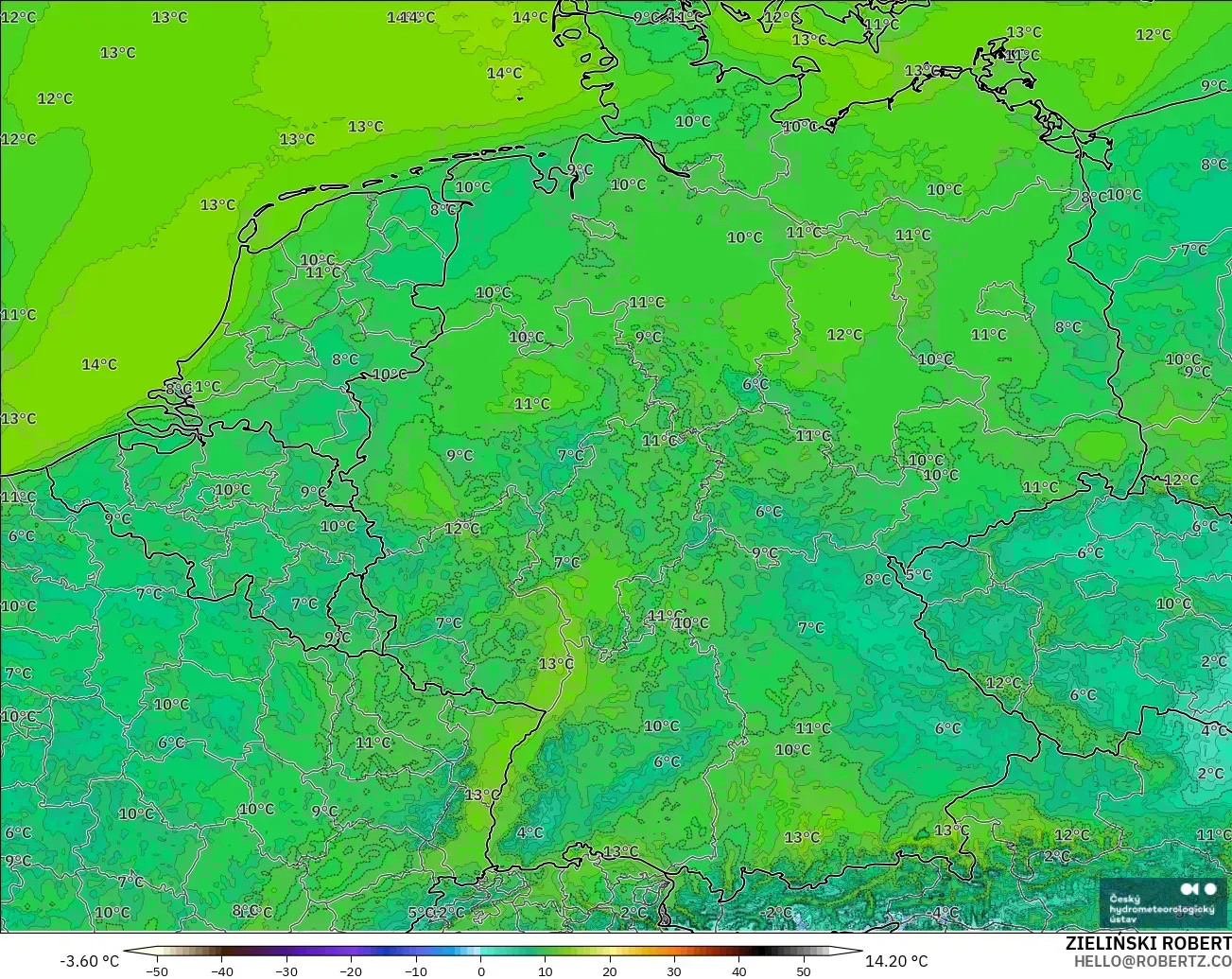 ALADIN CZ 2.3 km model - Germany, Temperature at 2m
