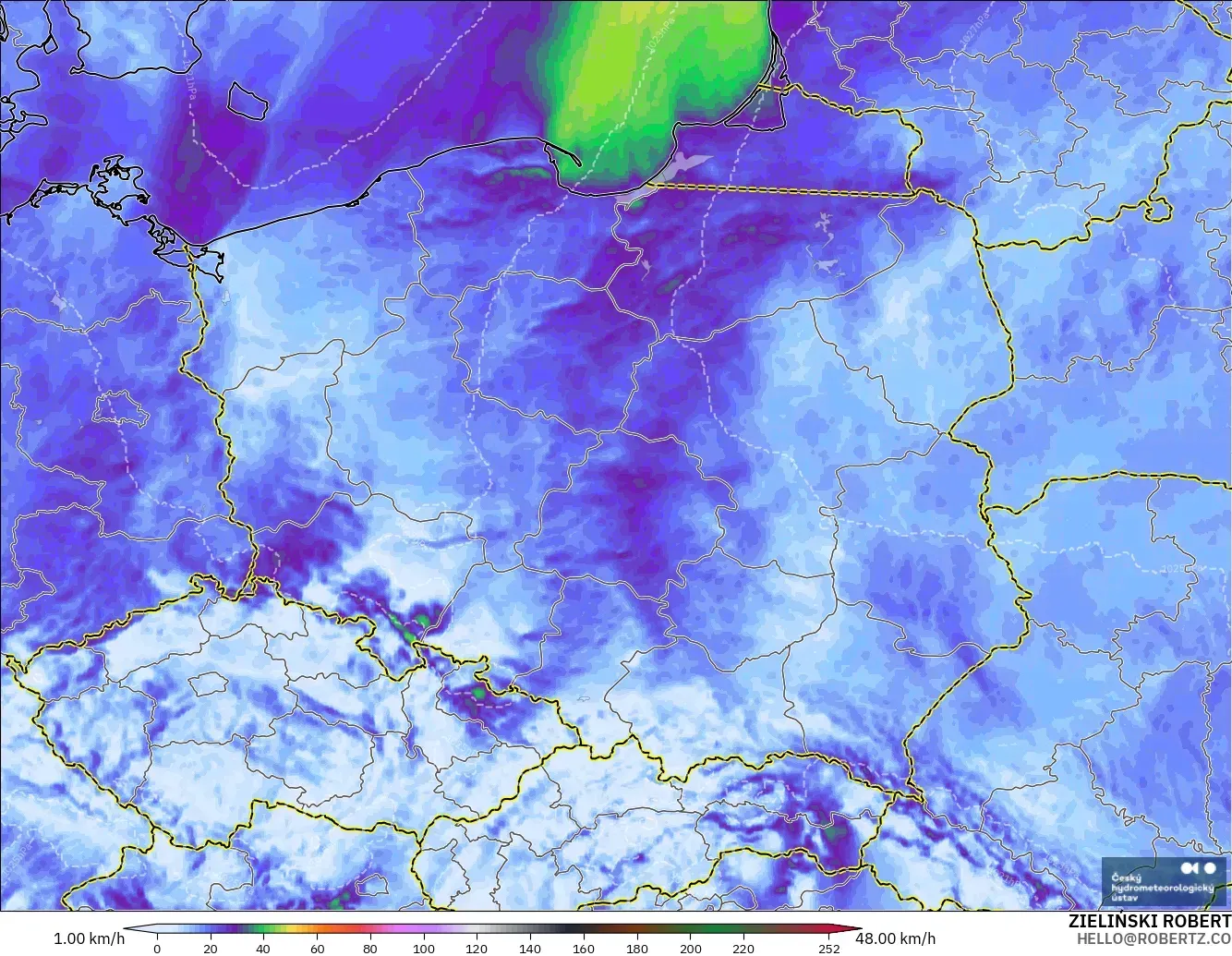ALADIN CZ 2.3 km model - Poland, Wind Gusts Peak