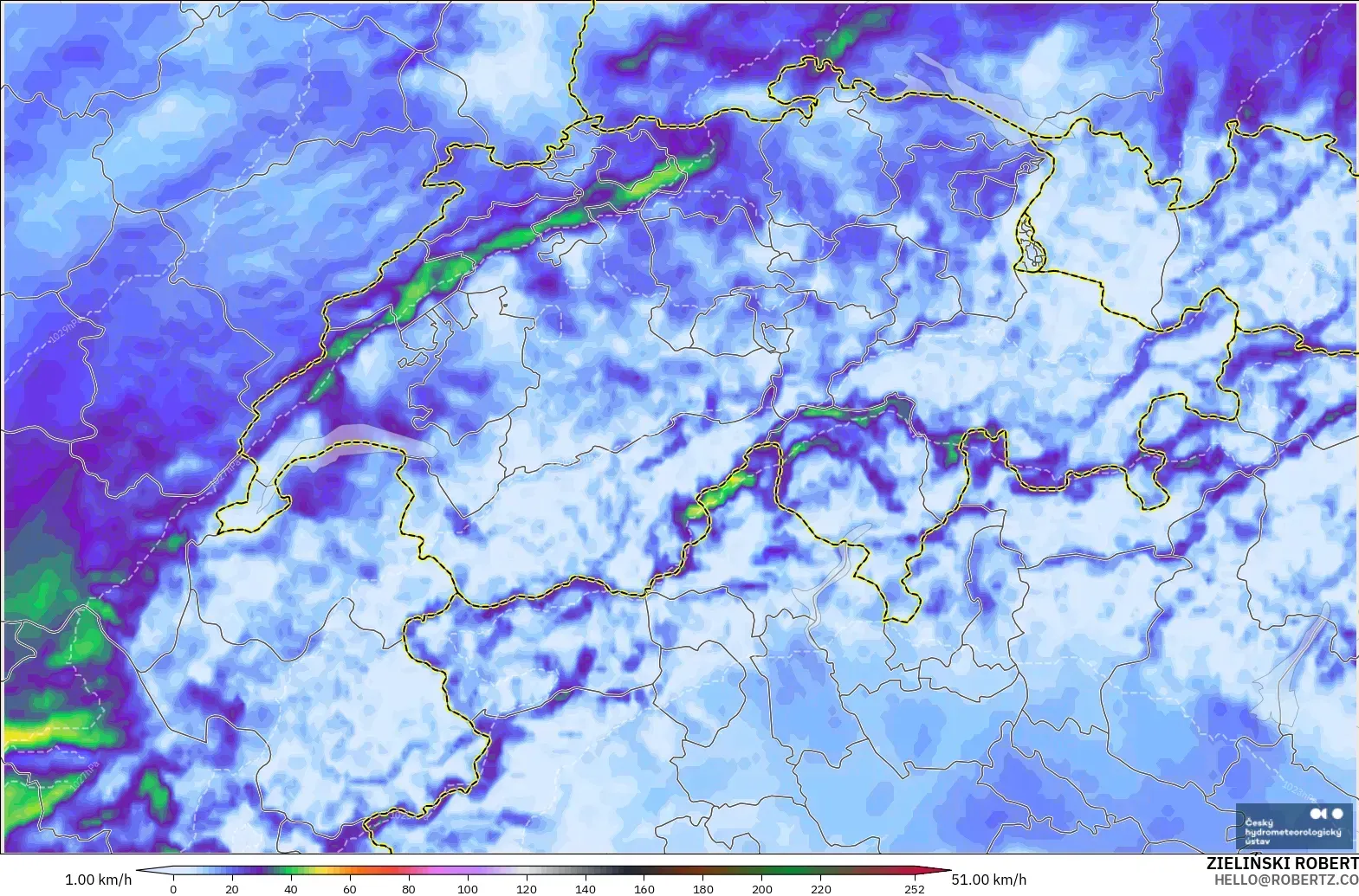 ALADIN CZ 2.3 km model - Switzerland, Wind Gusts Peak