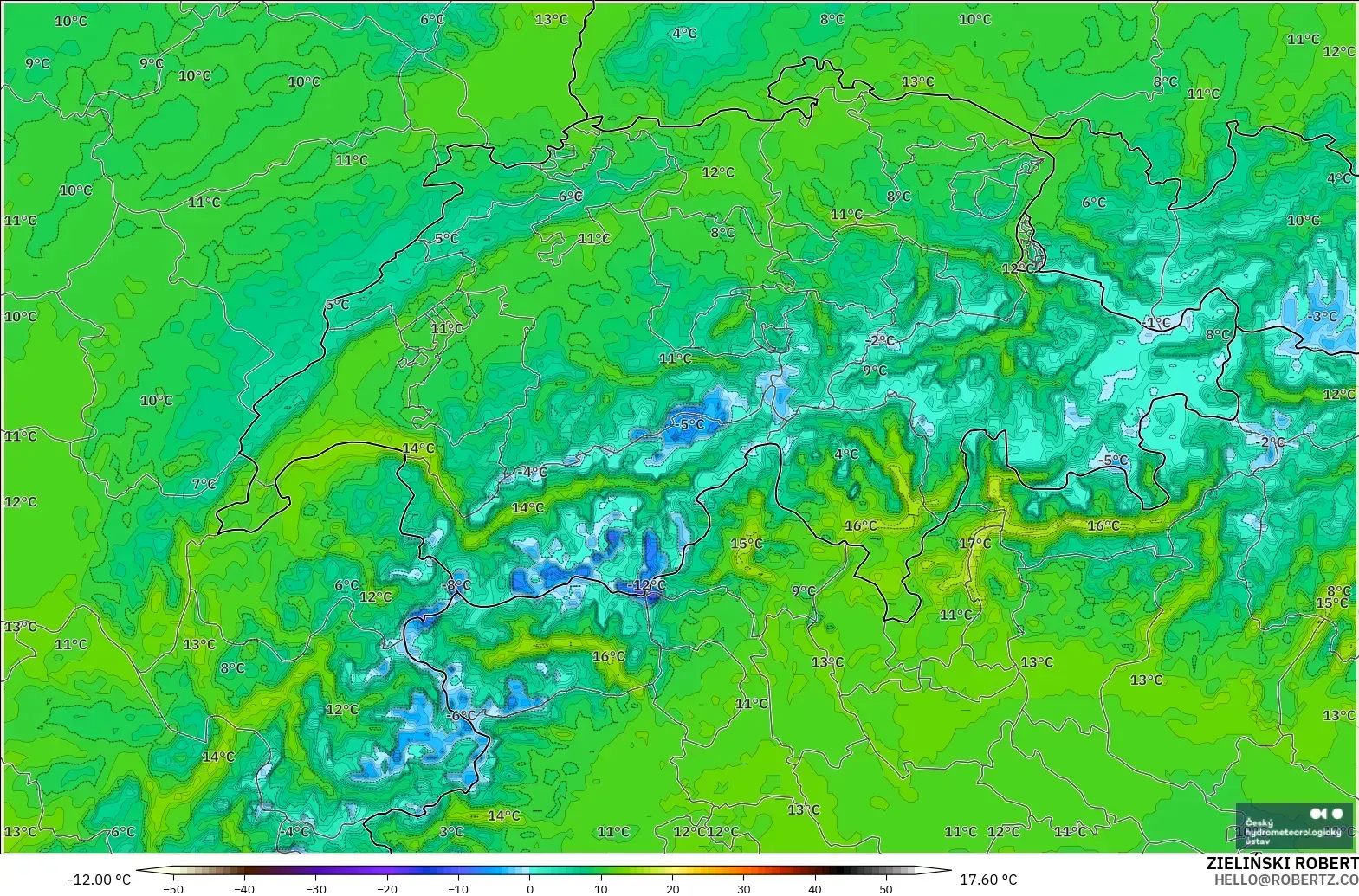 ALADIN CZ 2.3 km model - Switzerland, Temperature at 2m