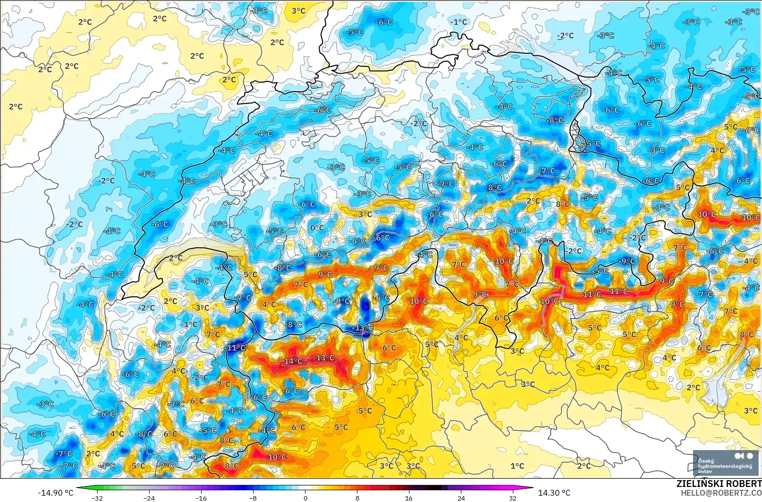 ALADIN CZ 2.3 km model - Switzerland, Temperature at 2m Anomaly
