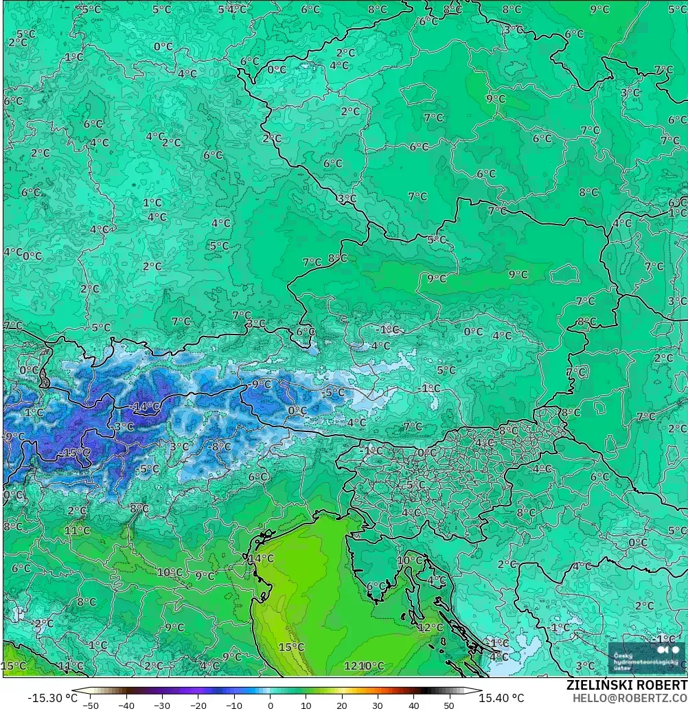 ALADIN CZ 2.3 km model - Austria, Dewpoint at 2m