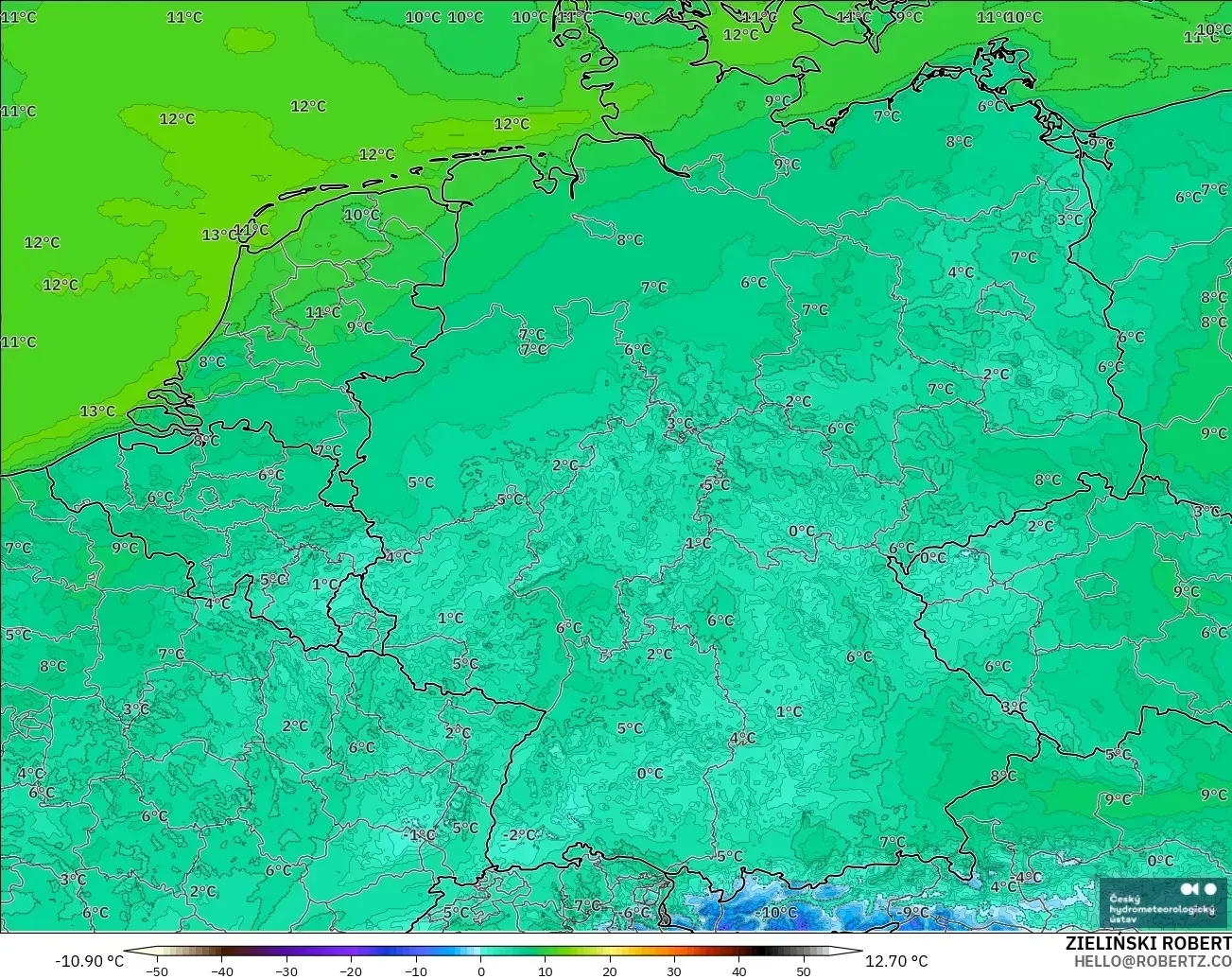 ALADIN CZ 2.3 km model - Germany, Dewpoint at 2m