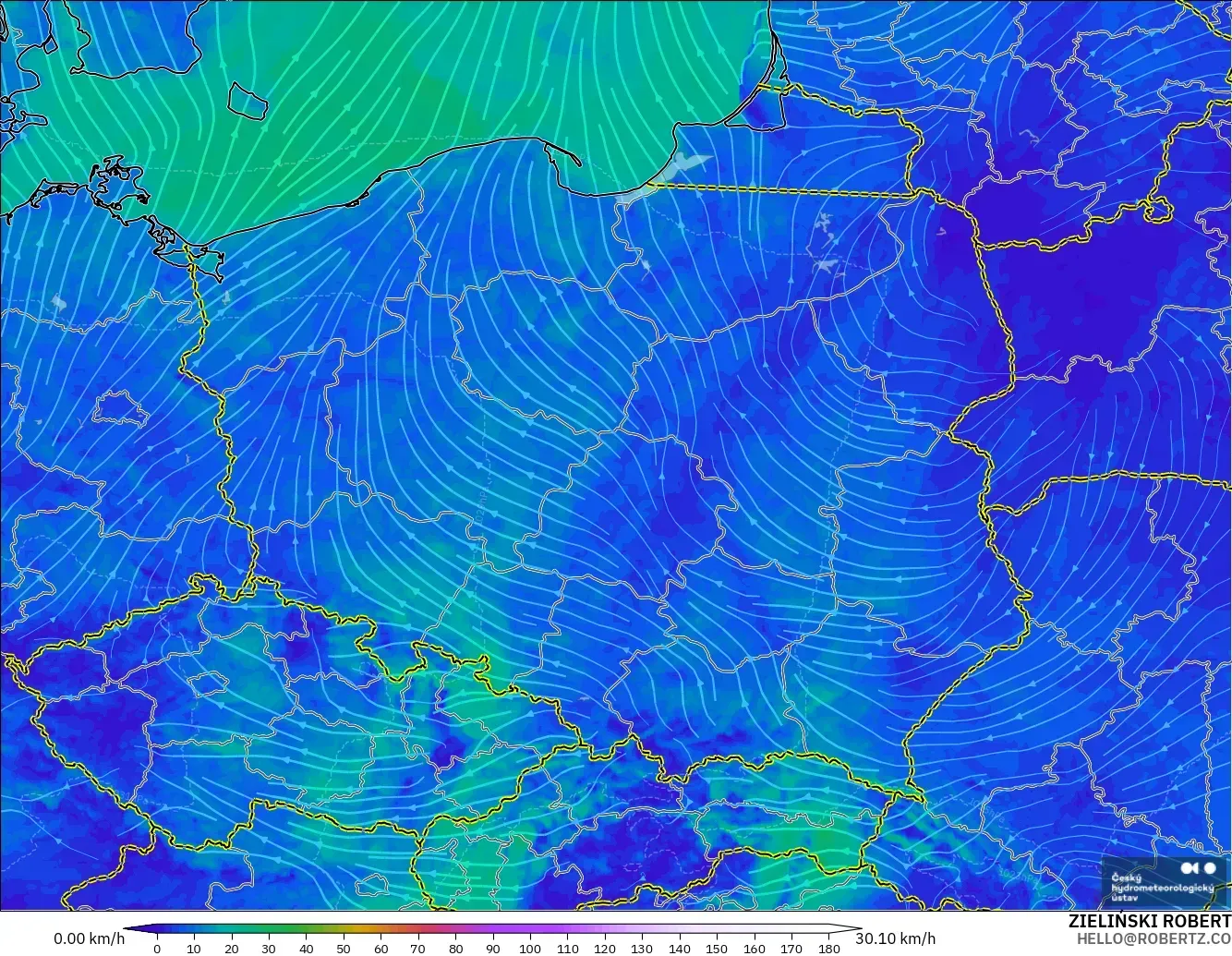 ALADIN CZ 2.3 km model - Poland, Wind at 10m