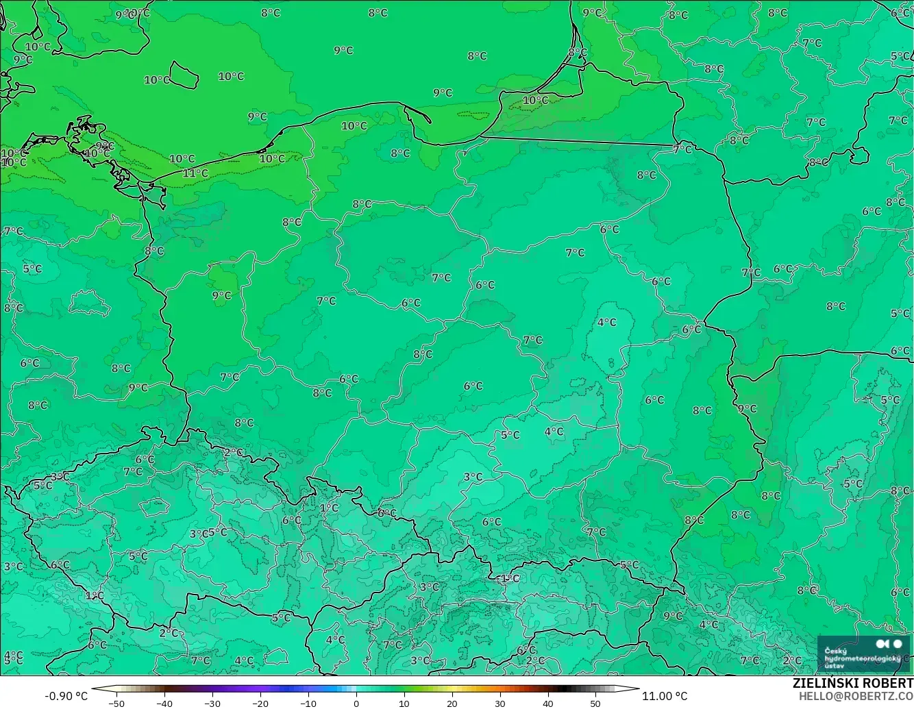 ALADIN CZ 2.3 km model - Poland, Dewpoint at 2m