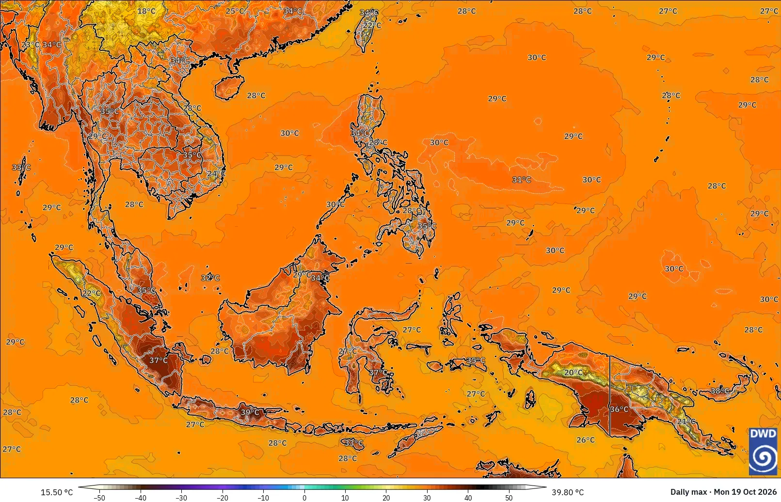 Suhu maksimum 40 °C di seluruh Indonesia, Senin 19 Oktober 2026. Model ICON