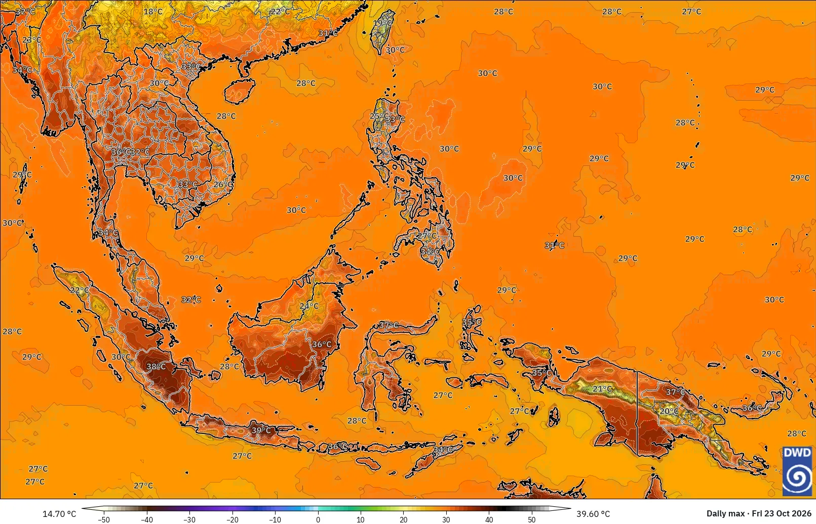 Suhu maksimum hingga 39 °C di seluruh Indonesia, Jumat, 23 Oktober 2026. Model ICON