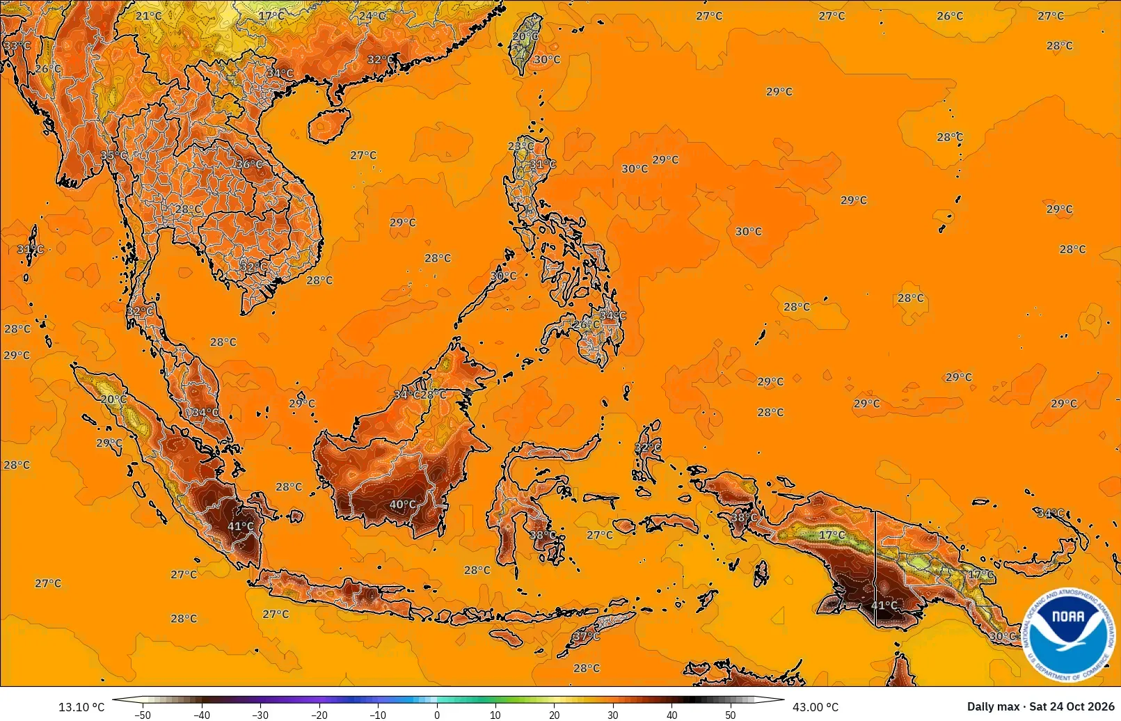Suhu maksimum 43 °C, dengan inti panas ekstrem (≥ 40 °C) di seluruh Indonesia, Sabtu 24 Oktober 2026. Model GFS