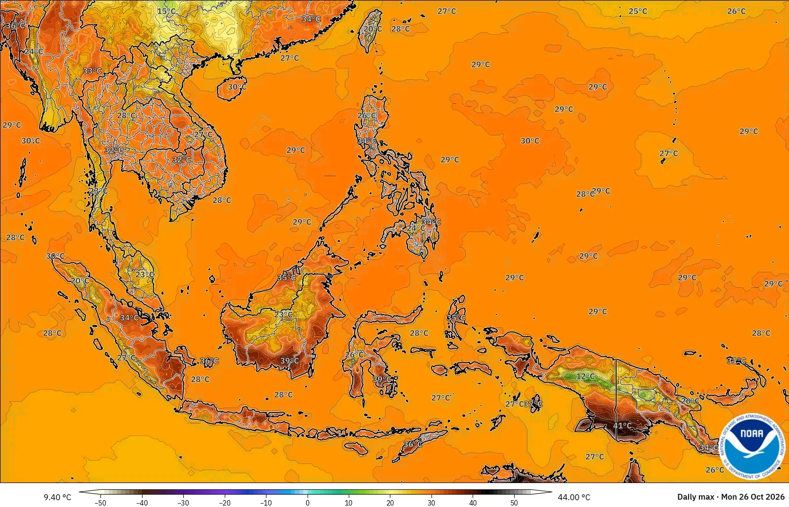 Suhu maksimum hingga 43 °C, dengan inti panas ekstrem (≥ 40 °C) di seluruh Indonesia, Senin, 26 Oktober 2026. Model GFS