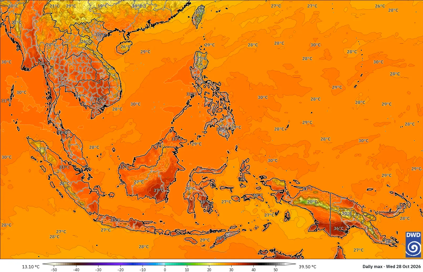 Suhu tertinggi hingga 40 °C di seluruh Indonesia, Rabu 28 Oktober 2026. Model ICON