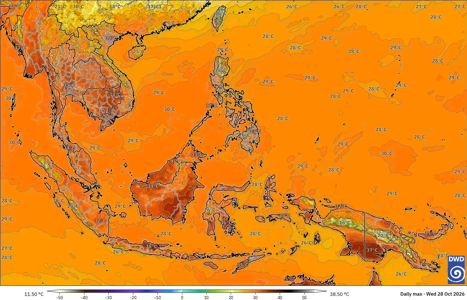 Suhu terpanas hingga 39 °C di Indonesia, Rabu 28 Oktober 2026. Model ICON