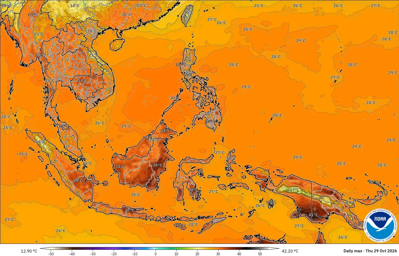 Suhu tertinggi hingga 42 °C, dengan inti panas ekstrem (≥ 40 °C) di seluruh Indonesia, Kamis 29 Oktober 2026. Model GFS