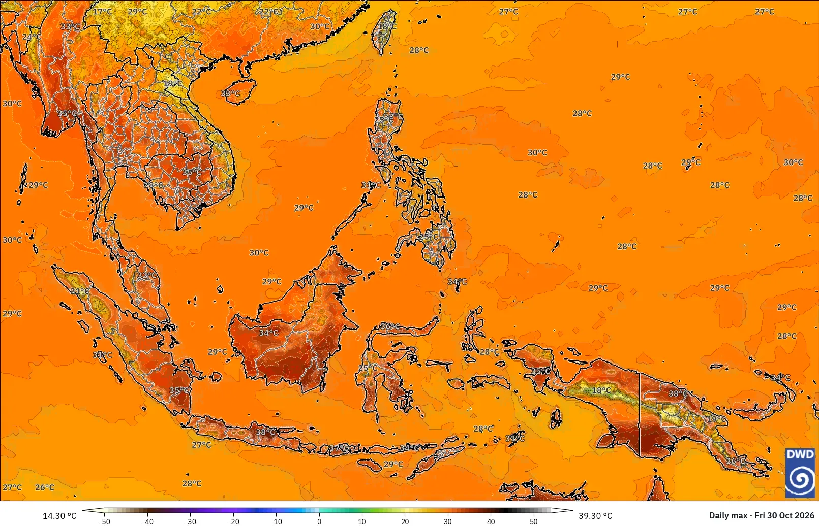 Suhu terpanas hingga 39 °C di Indonesia, Jumat 30 Oktober 2026. Model ICON