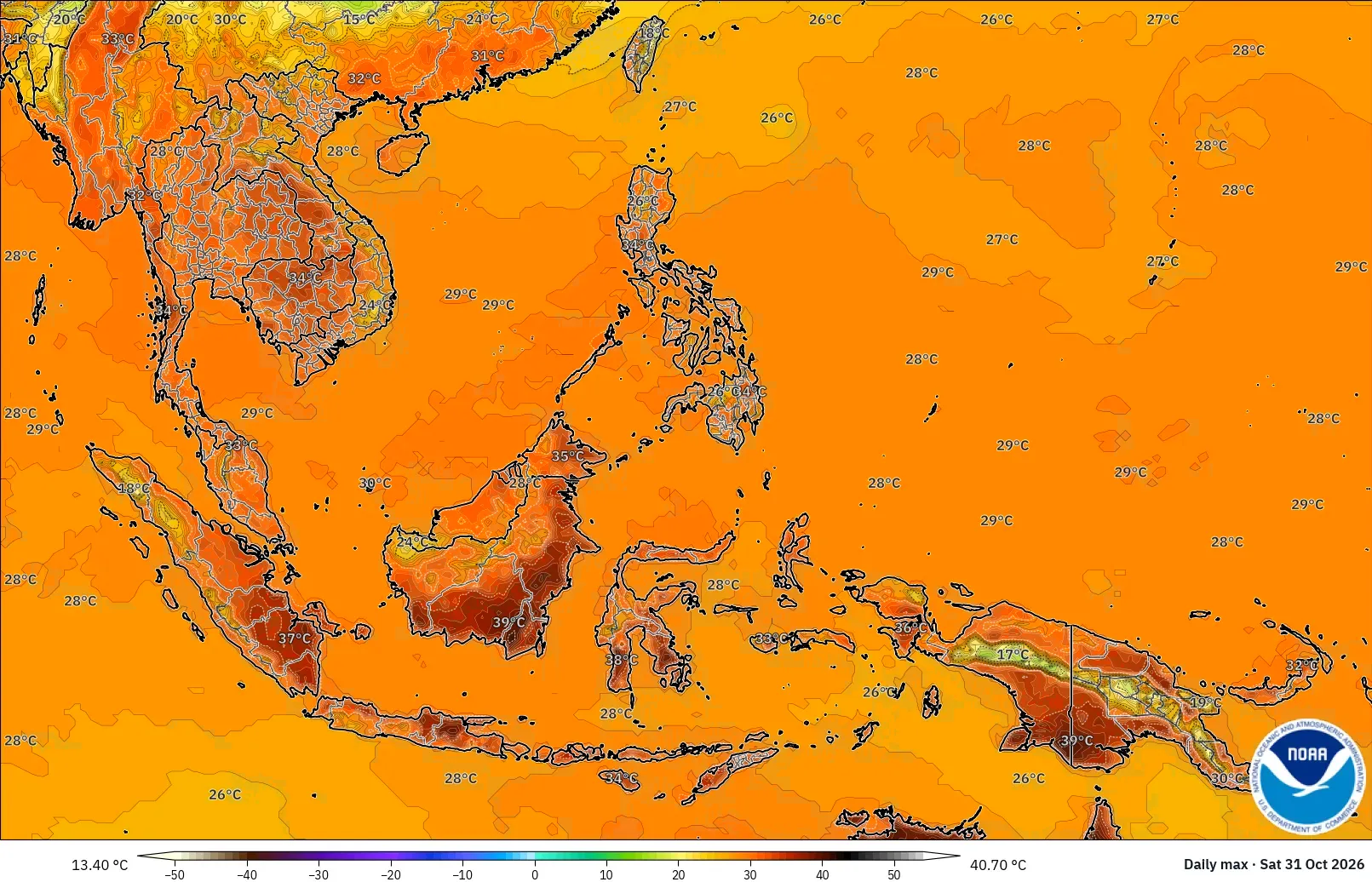 Suhu terpanas hingga 41 °C di Indonesia, Sabtu 31 Oktober 2026. Model GFS